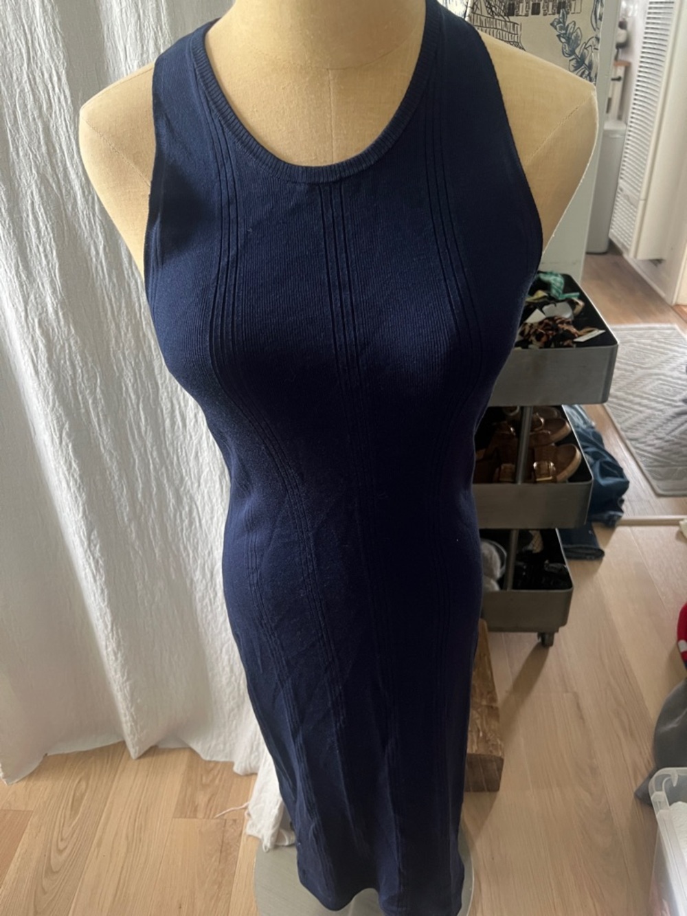 L'AGENCE Navy Ribbed Tank Midi Dress